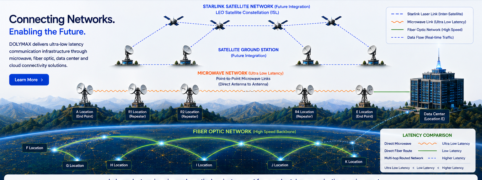 DOLYMAX network concept showing satellite, microwave, fiber optic and data center connectivity.